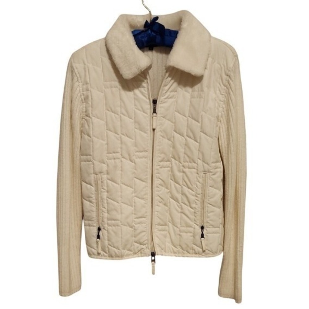 Vintage Effeci Chic Cream Faux Fur Quilted Front Zipper Costal Beachy Sweater PL